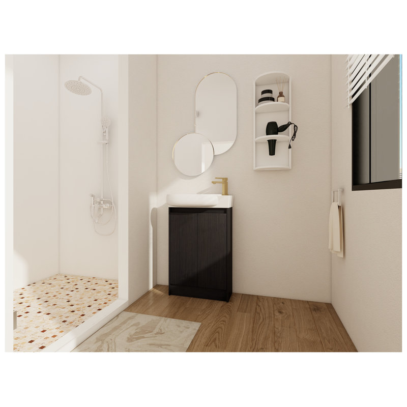 Meuble-lavabo autoportant de 23 po avec lavabo intégré et support de rangement assorti, finition châtaignier noir ou blanc brillant, fabrication en contreplaqué