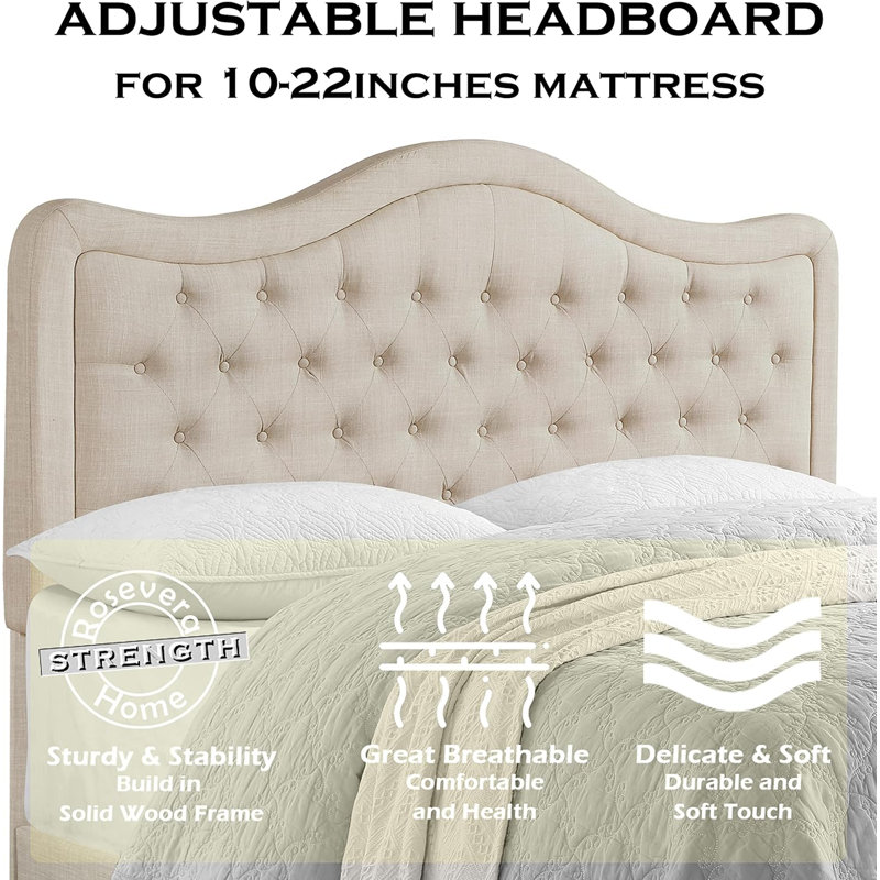 Upholstered Polyester Tufted Button Adjustable Height Headboard with Footboard, Beige, Queen