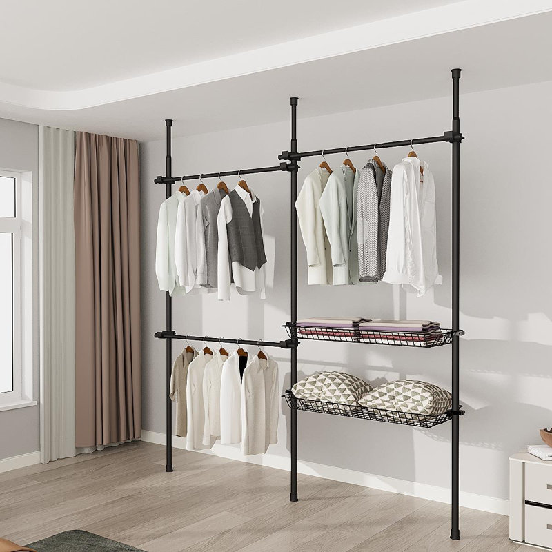 Glain Adjustable Double Black With Baskets Telescopic Wardrobe Organiser Clothes Rail, Black