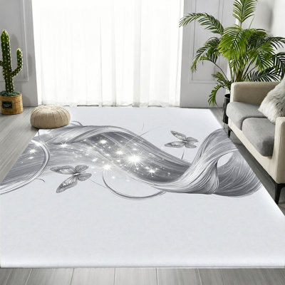 Tapis gris gris et blanc à motif de tourbillons abstraits, motif d'ailes fluides minimalistes, tapis de sol antidérapant doux, durable et lavable à la machine, décoration intérieure chic et élégante pour le salon, la chambre à coucher, le couloir, la salle à manger, le balcon, appartement