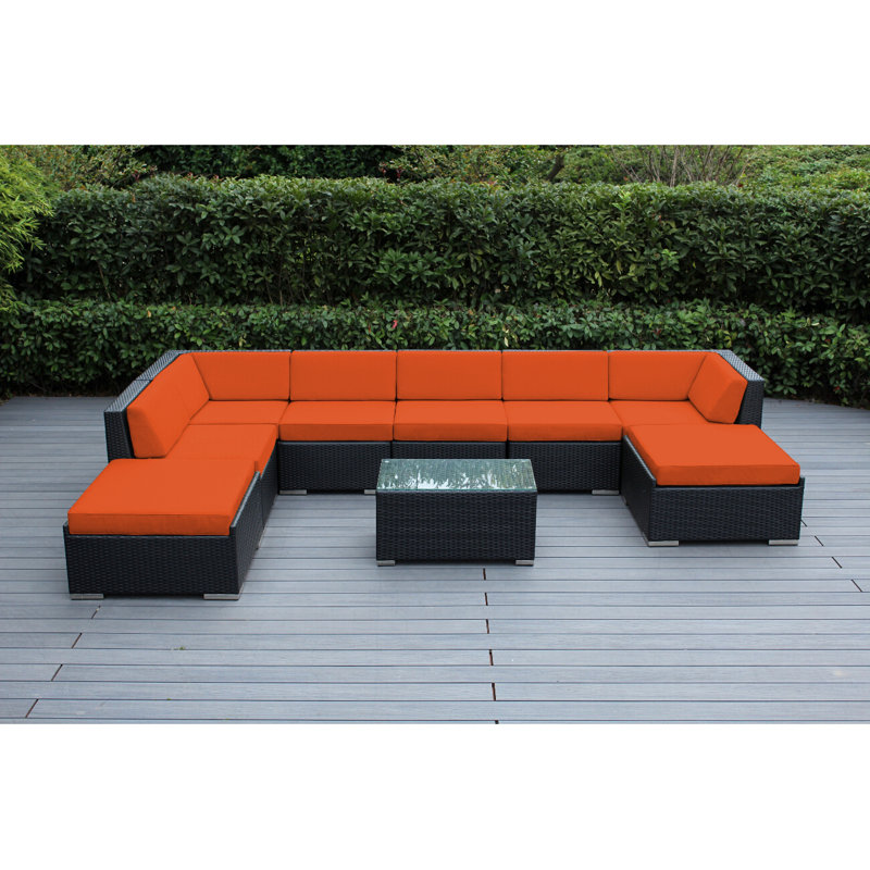 Ensemble de conversation en osier pour 8 personnes avec coussins Etude, Toile Sunbrella® toscan