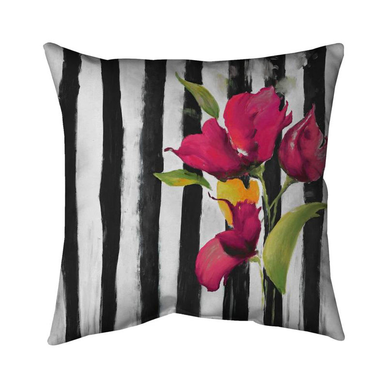 Flowers on black and white stripes - 16"x16" Throw pillow - Poly twill - Print on demand