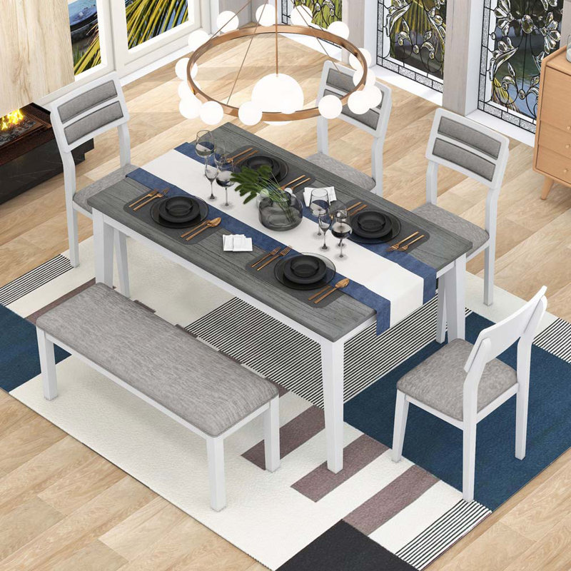 Ensemble de salle à manger 6 pièces, comprenant table de salle à manger, 4 chaises rembourrées et banc, Gris, Blanc