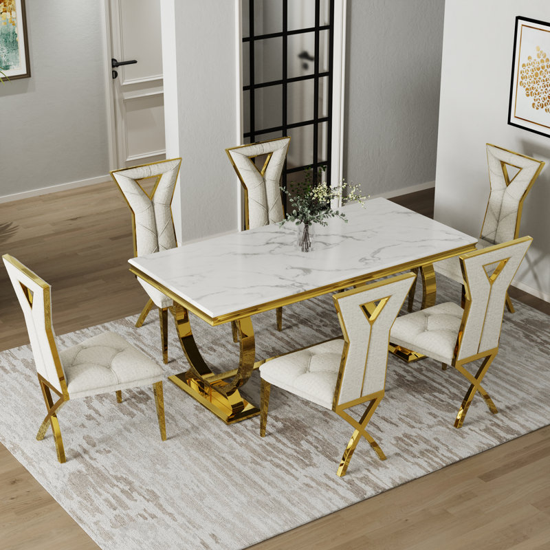 Dining Table Set With Chenille Dining Chairs, 7, Gold