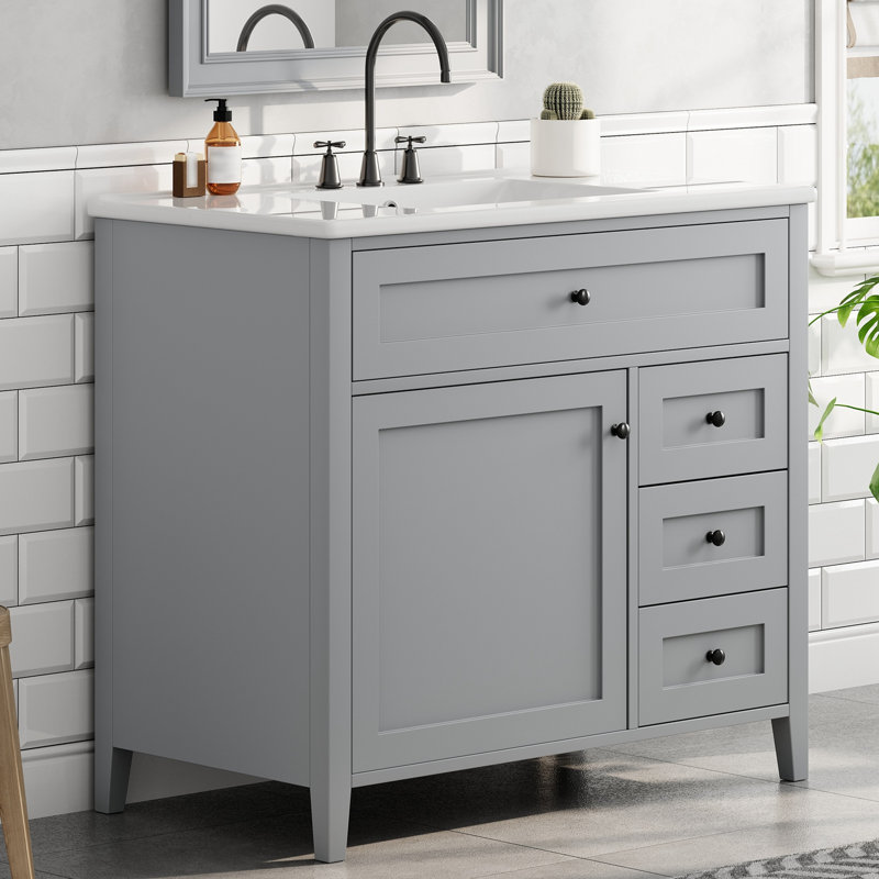 Meuble-lavabo avec lavabo, 3 tiroirs et tablette réglable, Gray