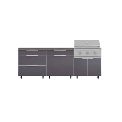 Ensemble de cuisine extérieure en aluminium gris ardoise, 5 pièces, avec roulettes et 3 tiroirs, comprenant un bar, un meuble barbecue, un barbecue haute performance au propane de 84 cm et un comptoir en pierre reconstituée grise de 163 cm.