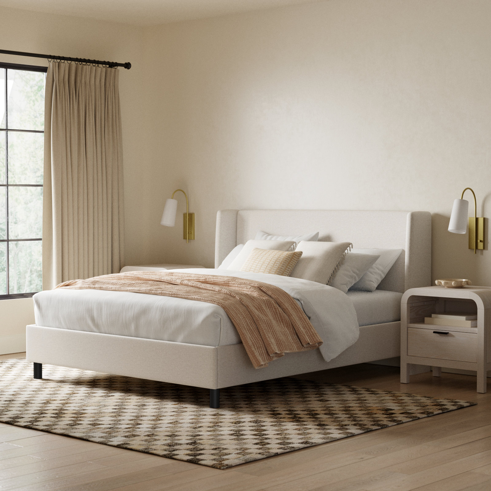 Tilly Linen Upholstered Wingback Bed, California King, Zuma White Textured Linen