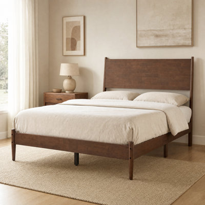 Wood Platform Bed Frame with Angled Headboard and Tapered Legs