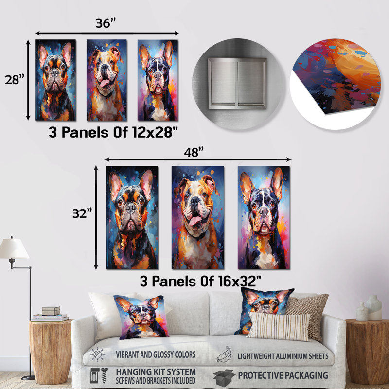 Bulldog Boldness - ensemble de 3 reproductions d'art mural en métal, H 28 po x l 36 po