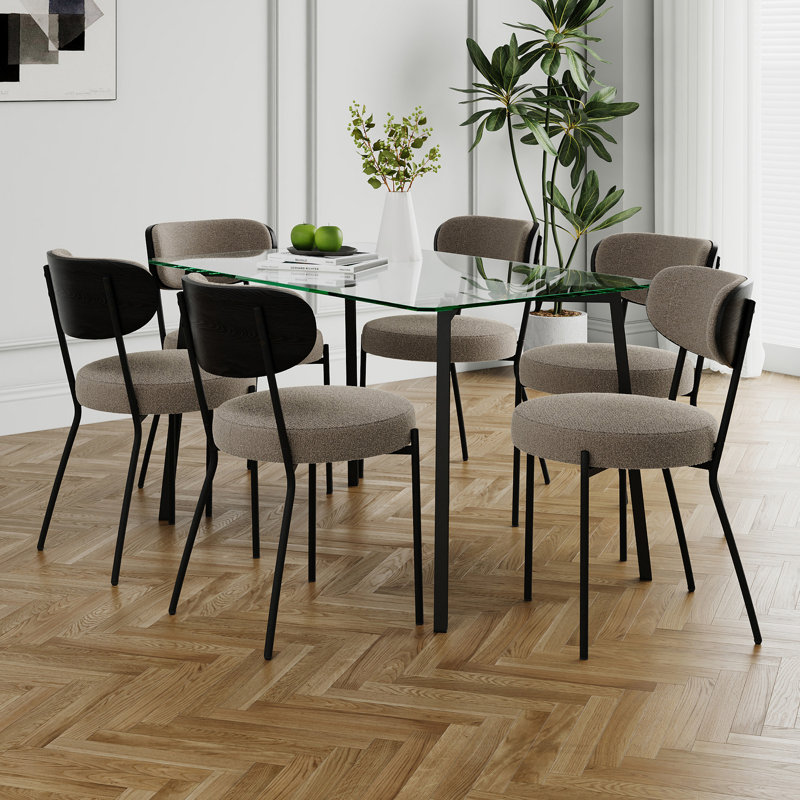 Modern Simple Table With A Glass Rectangular Table And Six Chairs. Transparent Tempered Glass Countertop, Grey