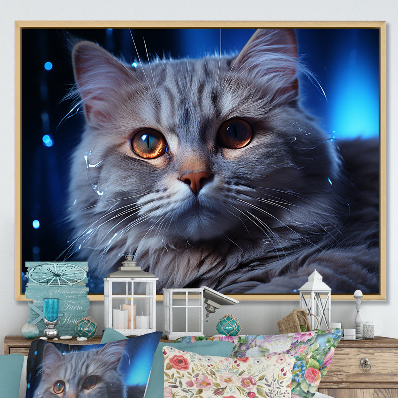 Décoration murale chat bleu British Shorthair Majesty, H 34 po x l 44 po x P 1,5 po, Cadre naturel flottant