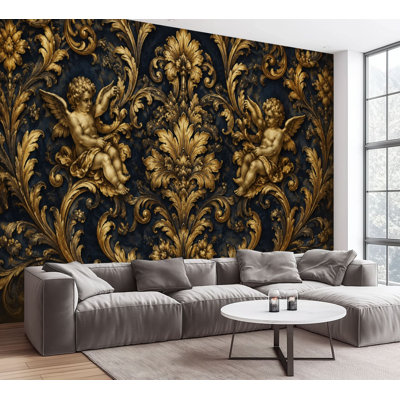 Wall Mural Peel and Stick Wallpaper Baroque Ornamental Design Golden Cherubs Floral Motifs Dark Self-Adhesive Removable Contact Paper Wall Decor for Living Room Bedroom 100"H x 144"W