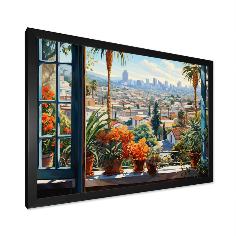 Los Angeles Window View 5 - Los Angeles, art mural, Cadre d'angle fermé noir, H 30 po x l 40 po x P 1,5 po