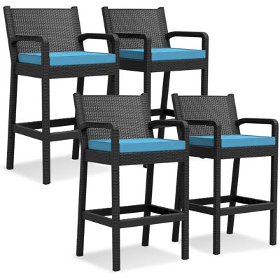 Ensemble de 4 tabourets de bar d'extérieur en osier de 30 pouces de hauteur avec coussins épaissis, chaises de bar en osier toutes saisons avec dossier et repose-pieds pour la cour, la piscine, le balcon et le bleu
