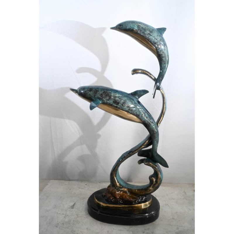 Sculpture en forme de spirale deux dauphins en bronze 16 po x 11 po x H 30 po