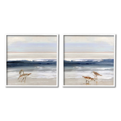 " Birds on Beach Shore Ocean Waves Blue Sky Landscape " 2 Piece Art Acrylic Painting