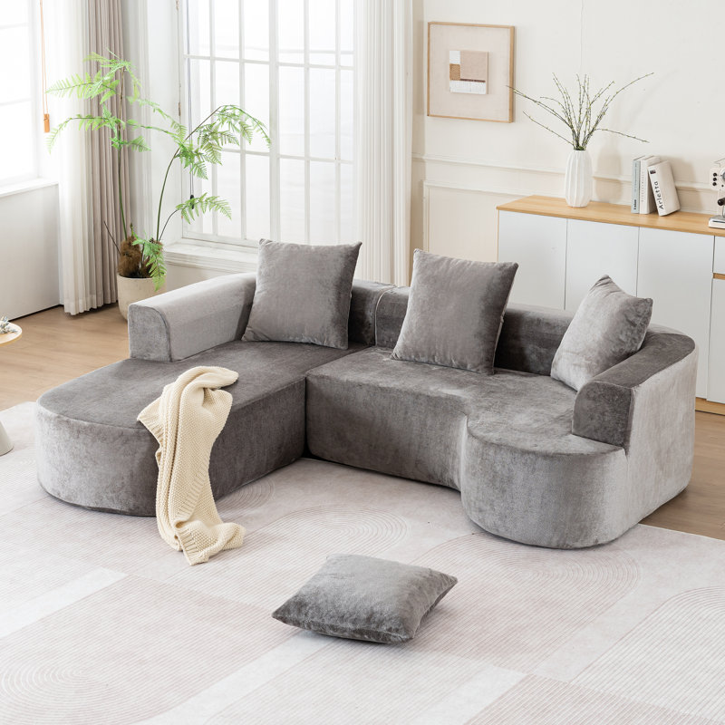 Desmond Upholstered Sectional Sofa with Deep Seat & Pillows, Gray Corduroy