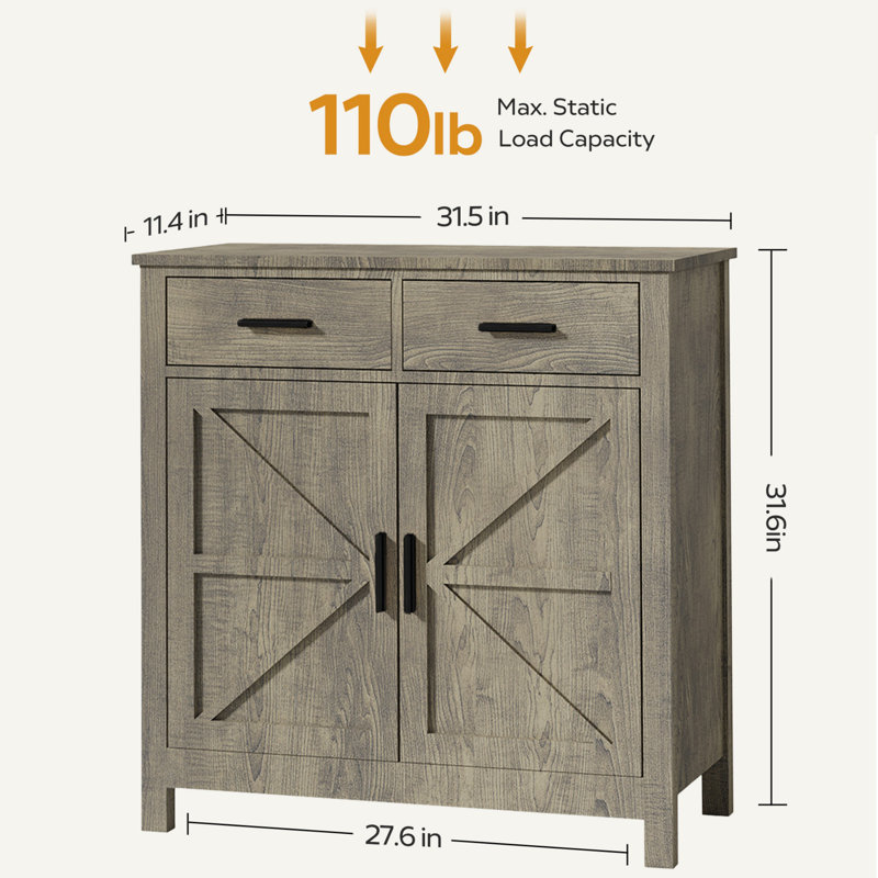 32" Wood Sideboard Console Table with Drawers and Cabinets, Grey