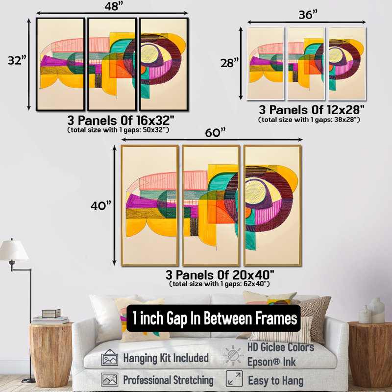 Ensemble de salon Organic Shapes Retro Colors - Geometric Wall Art, Cadre flottant doré, H 28 po x l 36 po x P 1 po