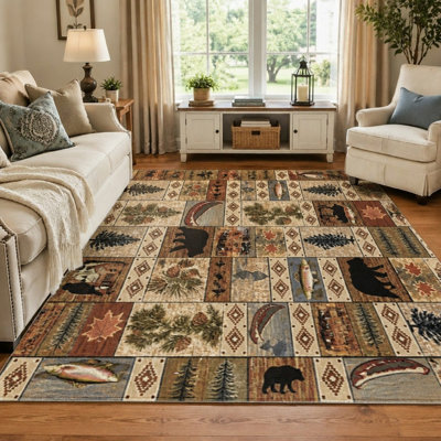Tapis rustique patchwork forêt (1 pièce) - Motif ours, pommes de pin et poissons. Lavable, à poils courts et antidérapant. Parfait pour le salon, la chambre à coucher, la cuisine ou le bureau.