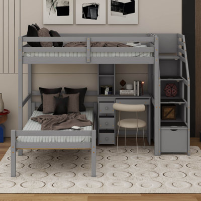 Twin Size Loft Bed With Desk And Storage Staircase, Space-Saving Wood Bunk Bed With A Stand-Alone Bed And Drawers