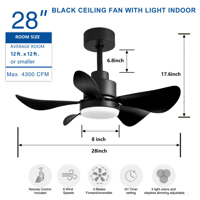 Small Ceiling Fan Flush Mount, 28 lnch Ceiling Fan with Lights Remote Control, 5 Reversible Blades, Low Profile Ceiling Fan 6 Speeds 3 Colors
