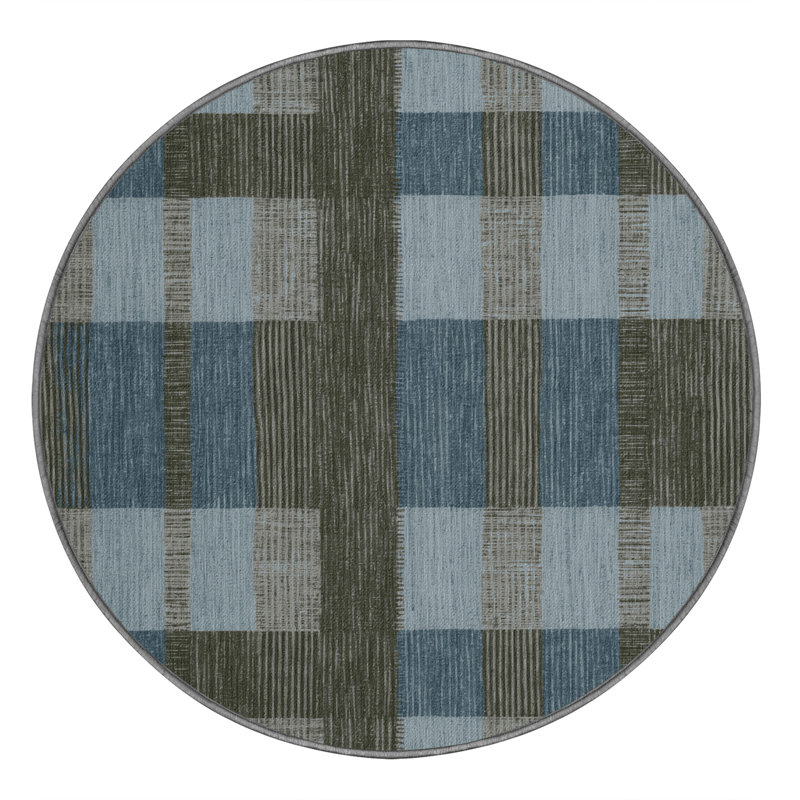 Machine Washable Checkered Gray Area Rug, Round 5'