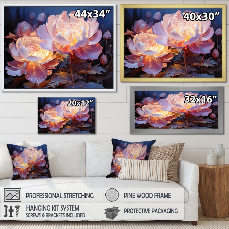 Peony Petals Elegance III sur impression sur toile, Cadre simple argenté, H 16 po x l 32 po x P 1 po