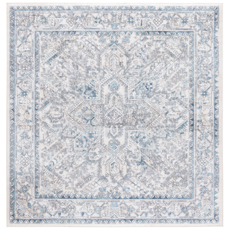 Tapis ivoire / bleu clair Xailey Orlando en feutre / velours / film stratifié lavable à la machine, Carré 6 pi 7 po