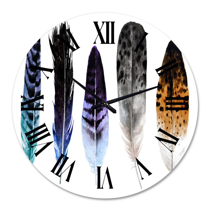 Horloge murale colorée Boho Feathers II - Bohème et éclectique, Surdimensionné