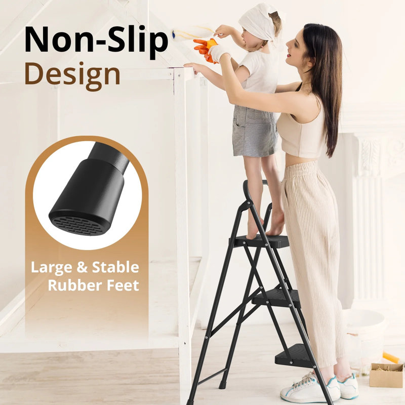 Échelle à 3 marches, tabouret pliant pour adultes avec large pédale antidérapante, tabouret portatif robuste à 3 marches, léger, noir