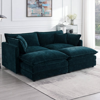 4-piece Living Room Chenille Modular Sectional Sofa Set, 2-seater Loveseat With 2 Ottomans