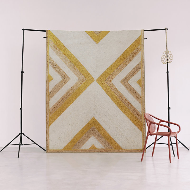 Tapis en coton polypropylène à motif géométrique beige, jaune et brun, Tapis de couloir 3 pi 11 po x 8 pi 2 po
