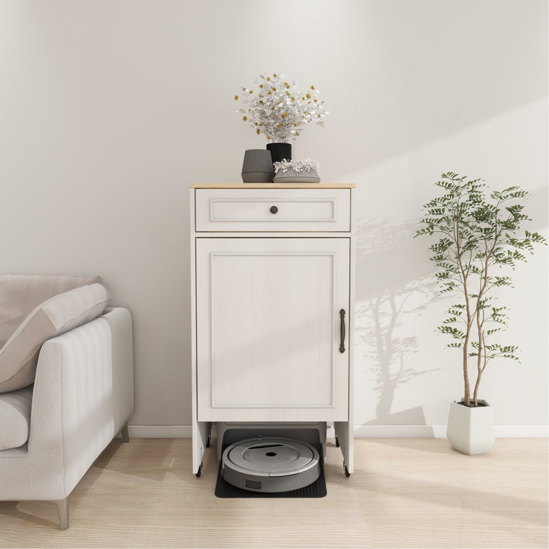 Robot aspirateur avec roulettes, support de rangement pour robot avec portes et tiroirs, table d'appoint pour salon, bureau personnel, cuisine - blanc antique