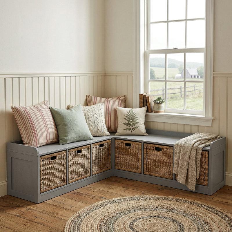 Banc de rangement d'angle avec 6 tiroirs en osier - Siège d'entrée en forme de L, peu encombrant, assemblage rapide