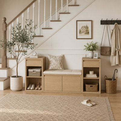 Banc de rangement tout-en-un avec coussin, compartiments, tiroirs et tablettes ouvertes, banc de rangement pour couloir, vestibule, salon