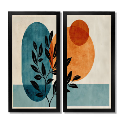Bleu et orange, plante géométrique minimaliste bohémienne - art botanique sur toile, art mural botanique bleu 2 pièces