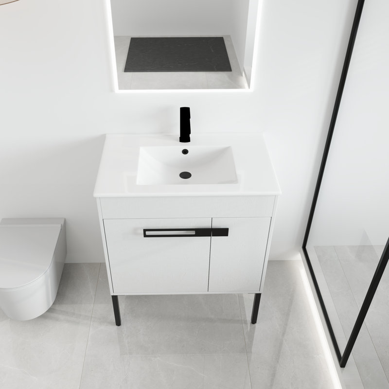 Meuble-lavabo autoportant 30 po avec lavabo sur pied Keyvan, 2 portes et 1 tablette Keyvan, 30", Marron clair