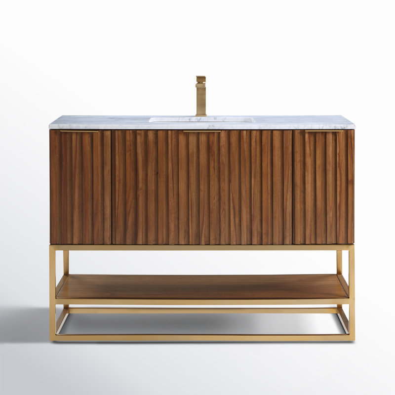 Terra 48'' W Single Vanity, Walnut, Carrara Marble/Single Faucet Mount, Satin Brass