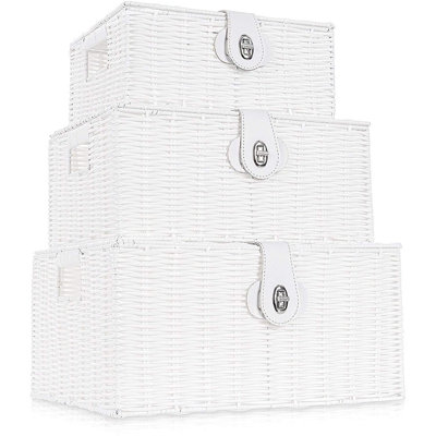 Set Of 3 Woven Wicker Storage Basket Box With Lid & Lock, Built-in Carry Handles, Multifunctional Storage Organiser For Nursery, Baby, Clothes, Toys, Books