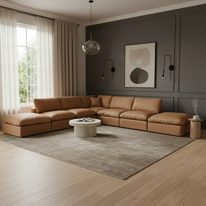 Hisayoshi Upholstered L-Shaped Sectional Reversible, Cognac Vegan Leather