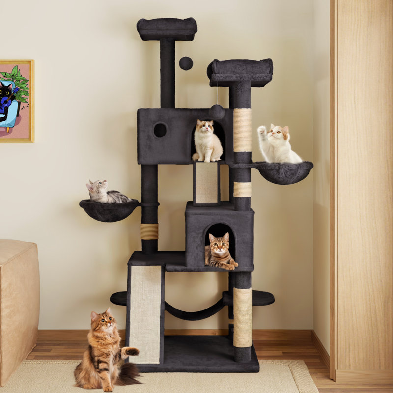 Filey 65.7'' H Carpet Cat Tree Condos and Scratching Posts Included, with Platforms and Hammock, Blue