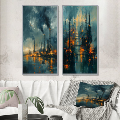 «Blue Yellow Factories Industrial Landscape I - Factories», ensemble d'art mural 2 pièces