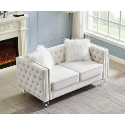 Velvet Upholstered Sofa With Crystal Feet Tufted Backrest Loveseat Removable Cushions For Living Room Modern Furniture