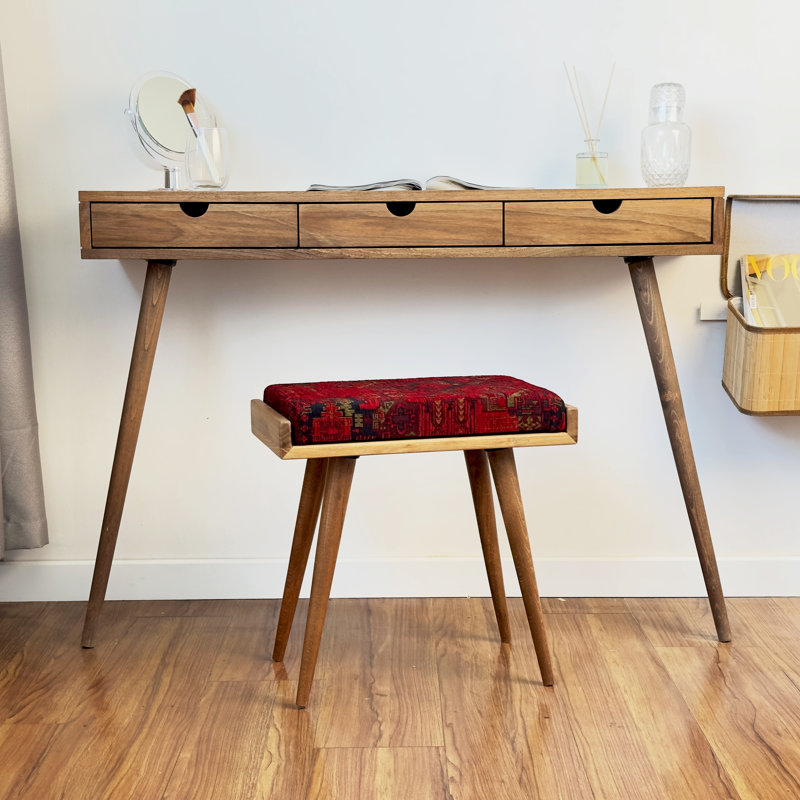 Jabed Ottoman Stool, Walnut Piano Bench, Vanity Stool & Functional Footrest for Living Room, Red Geometric