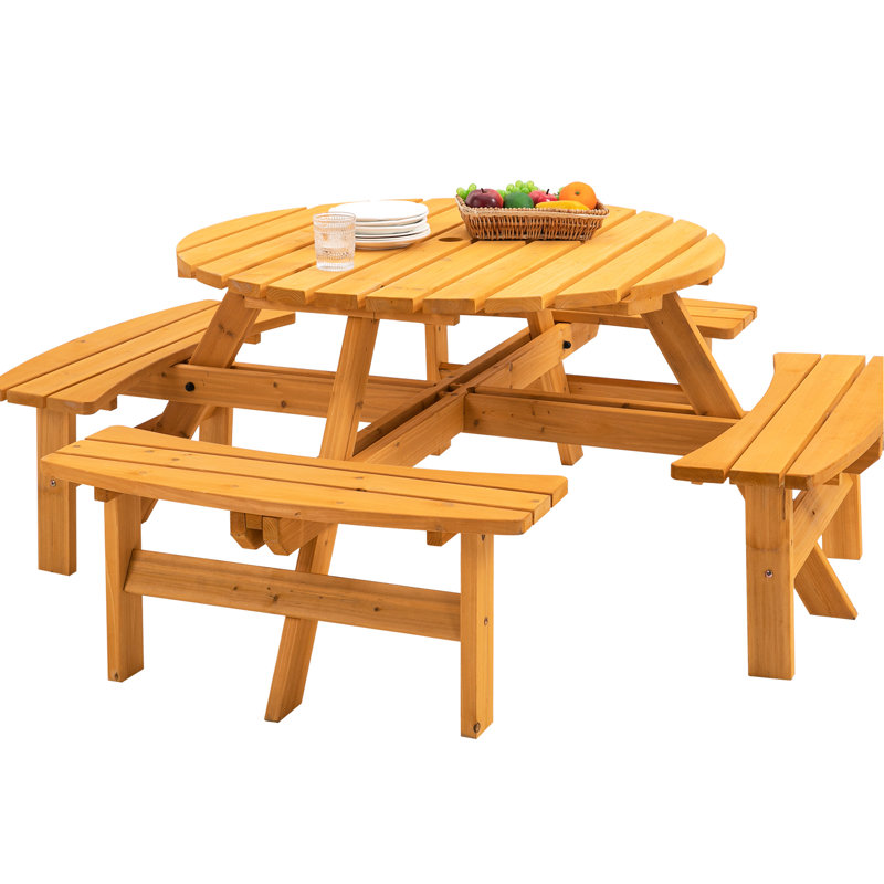 Repas de camping extérieur pour 8 personnes, création en bois massif, table de 43,3 pouces, quatre bancs, ensemble de fixation pour 2 parasols, bois de sapin,