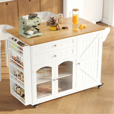 43.3" W Wooden Kitchen Island with 2 Drawers, Lockable Casters