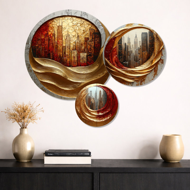 Art mural doré, art déco, reflet de New York I - paysage urbain, 3 pièces