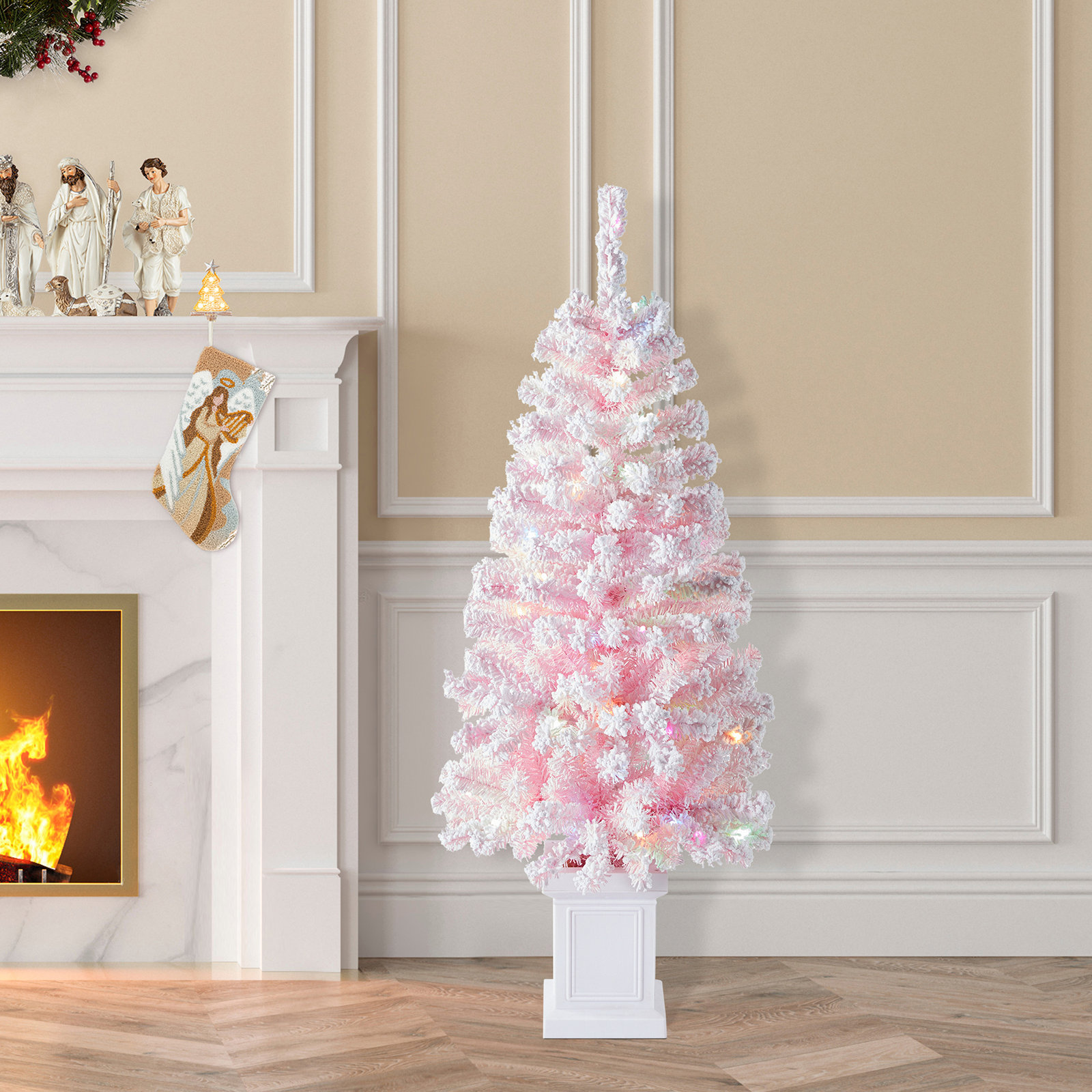 Abraham Pre-Lit Flocked Pink Christmas Tree, 4'