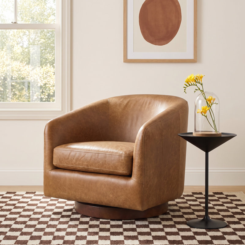 Bennett Genuine Leather Swivel Barrel Chair, Marseille Brown Genuine Leather